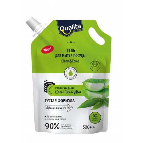 QUALITA Средство для мытья посуды GREEN TEA&ALOE дой-пак 500мл КК/12