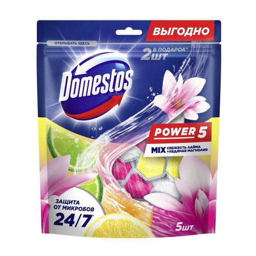 ДОМЕСТОС блок гигиен. д/унитазов Power 5 Лайм+Магнолия 5*(2*50+3*50)гр