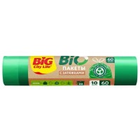 60л BIG CITY пакет д/мусора с затяжкой BIO HD 60*64см 10шт/60 л зеленый