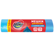 BONUS Мешки для мусора с завязками HD 51*52 см 35л 15 шт синие (30шт/ящ)
