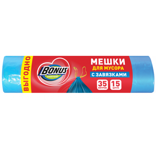 BONUS Мешки для мусора с завязками HD 51*52 см 35л 15 шт синие (30шт/ящ)