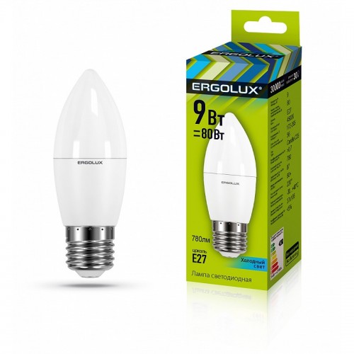 Лампы светодиодные Ergolux LED-С35-9W-E27-4K 9Вт Е27 4500К 172-265В) Свеча холодный свет