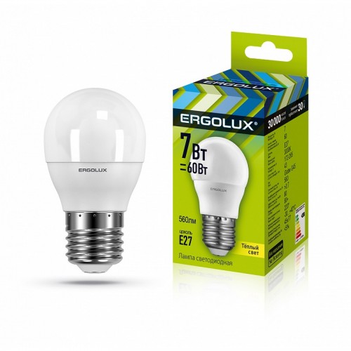 Лампа светодиодная Ergolux LED-G45-7W-E27-3K 7Вт Е27 3000К Шар  (60Вт) теплый свет