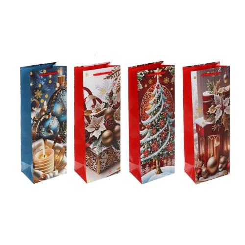 Пакет подарочный бумажный для бутылок 12х36х8,5см. 4 дизайна, СНОУ БУМ