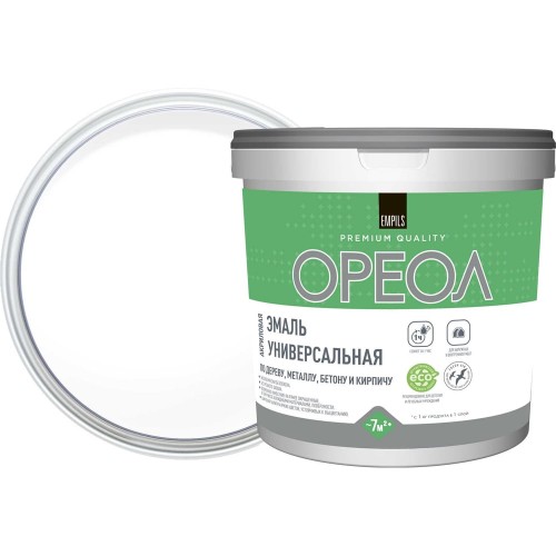 Эмаль акриловая ОРЕОЛ полуматовая белая 1,1 кг.
