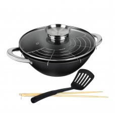 Казан чугун,26см,3л,антипр.покр, нерж.ручк, решетка, стекл.крыш,нейлон.лопатка,бамб.палочки SATOSHI