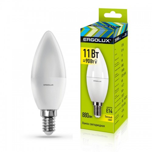 Лампа светодиодная Ergolux LED-C35-11W-E14-3K 11Вт E14 3000K свеча холодный свет 220-240В) Лампа светодиодная Ergolux LED-C35-11W-E14-3K 11Вт E14 3000K свеча холодный свет 220-240В)