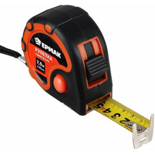 Рулетка 7,5м*25мм 3 фиксатора 2х-стороний зацеп. ЕРМАК
