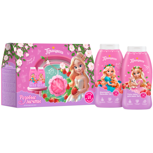 Подарочный набор Розовые мечты (Шампунь-бальзам 250 мл + Гель-пена 250 мл + мочалка-шар) 2025