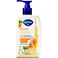 AURA Pure Cotton Крем-мыло 2в1 для рук и тела Хлопок и мёд флакон/дозатор 300мл КК/12