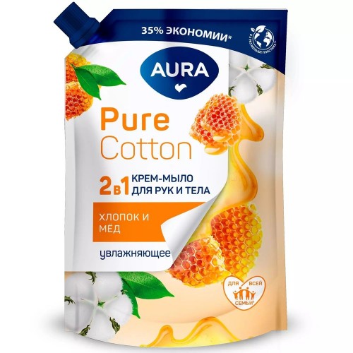 AURA Pure Cotton Крем-мыло 2в1 для рук и тела Хлопок и мёд дой-пак 450мл КК/12