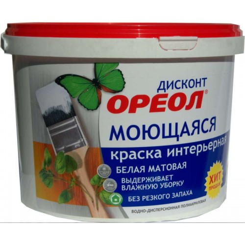 Краска ОРЕОЛ интерьерная моющаяся водно-дисперсионная полиакрил.белая матовая ДИСКОНТ 3кг/3129