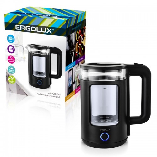 Чайник ERGOLUX ELX-KG08-C02 черный (стекло,пластик 1,8л, 220-240В, 1800Вт)