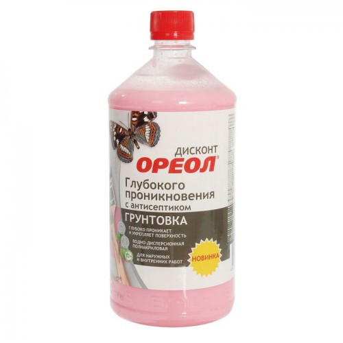 Грунтовка ОРЕОЛ глуб.проникн.с антисепт. водно-дисп.полиакр. с индикатором(розовая) ДИСКОНТ 1кг 4697
