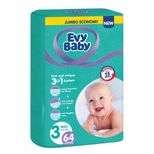 Подгузники EVY BABY №3 (5-9кг) Миди Джумбо 64шт*4